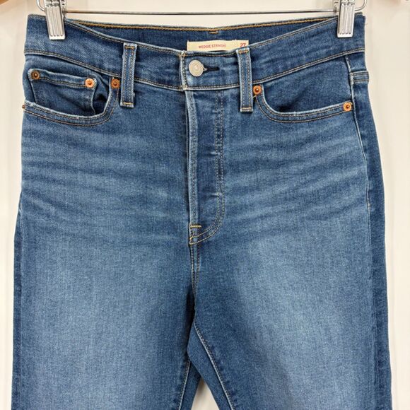 Levi's Wedgie Straight Button Fly Jeans, Sz 27, Medium Indigo Distressed Classic - Picture 3 of 8